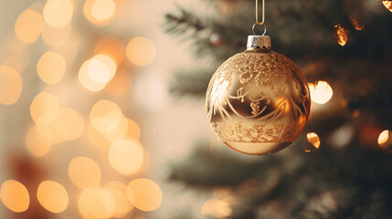 Christmas ornament close up on tree with a blurred background