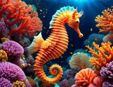 Fototapeta  - Stunning seahorse swimming in colourful coral reef!