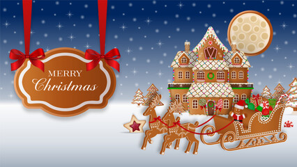 Wall Mural - christmas greeting card with gingerbread landscape. christmas background with gingerbread sleigh and house