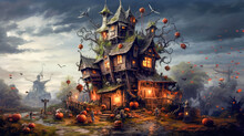 An Abandoned Scary House Next To A Cemetery In A Forest With Pumpkins, A Full Moon, Bats And Fog. Pumpkins In The Cemetery On A Creepy Night, On A Halloween Background. Generative AI