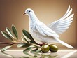 White dove of peace with an olive branch on a neutral background. 