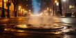 Vapor rising from a steaming manhole in the city, illuminated by the glow of streetlights , concept of Ambient urban haze