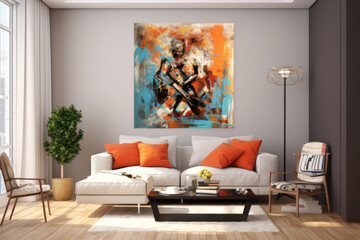 Wall Mural - Modern home interior design, light living room with art painting on wall