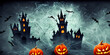 halloween background with pumpkin, bats, cobwebs and haunted castles