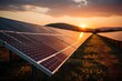 A solar panel harnessing renewable energy in the rural landscape at sunset, Created with Generative AI Technology