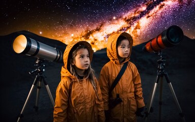Wall Mural - two children in yellow jackets watching the stars