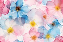 Translucent Sakura Flowers In Pastel Pink Blue Yellow And White Seamless Repeating Pattern
