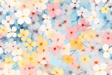 Sakura Flowers In Pastel Pink Blue Yellow And White Seamless Repeating Pattern