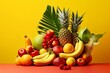 Assorted tropical fruits on vibrant yellow background. Generative AI