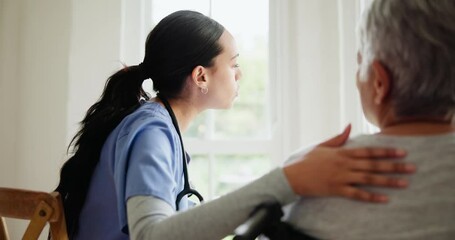 Wall Mural - Senior, nurse and empathy with talking for support, wellness and healthcare in nursing home or retirement. Elderly, woman and caregiver or expert with conversation for medical service, happiness