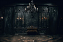 Haunted Room Wallpaper Classical Architecture, Rustic Texture, Black Background, Grandiose Composition.