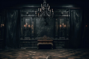 haunted room wallpaper classical architecture, rustic texture, black background, grandiose compositi