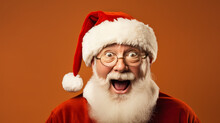 Real Smiling Santa Claus, Doing A Shocked Look On Tan Background