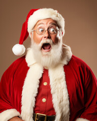 Wall Mural - Real smiling Santa Claus, doing a shocked look on tan background