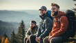 A group of adventurous men hike in the mountains while enjoying the scenery