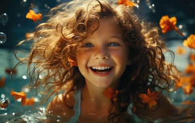 A happy child girl in the swimming pool