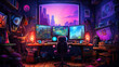 © jr-art - a gamer's room with computers and monitors and neon lights