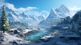 Fototapeta Natura - Winter valley with snow, ice river and vegetation in the background game art