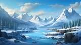 Fototapeta  - Winter valley with snow, ice river and vegetation in the background game art