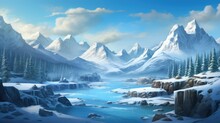 Winter Valley With Snow, Ice River And Vegetation In The Background Game Art