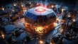 © DigitalArt - visualize futuristic, conceptual cityscape integrated with advanced technology, likely a circuit board, computer chip.  concept, future of technology, cybernetics, smart cities, high-tech metropolis.