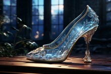 Glass Slipper From Fairy Tales And Legends. Background With Selective Focus And Copy Space