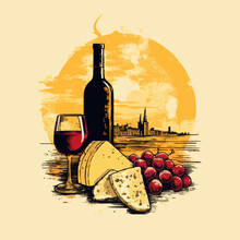 Food Wine And Cheese Silhouette Distressed Retro. Created Using Generative AI Technology