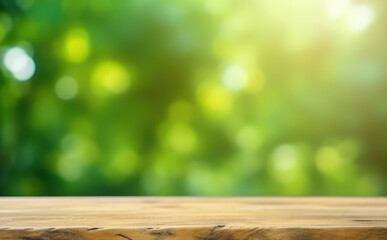 Wall Mural - Wood table top on blur green nature bokeh background. Can be used for display or montage your products