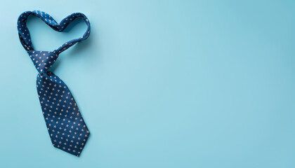 Father's Day concept. Top view of heart shaped blue bowtie on blue background with copy space