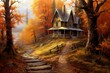 a picturesque fall house painting with trees, leaves, a pathway, and a glowing light. Generative AI