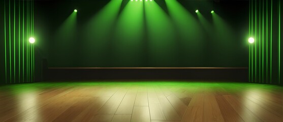 Wall Mural - Wooden floor with green lights on stage in a theater background from Generative AI