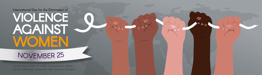 Long horizontal Banner for International Day for the Elimination of Violence Against Women. Diverse hands hold a white ribbon. modern flat vector illustration