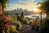 Fototapeta Natura - Image of beautiful garden with a view of the city skyline. Generative AI