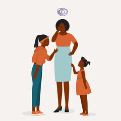 Wall Mural - Frustrated Black Mother Standing In The Middle Of The Fight Between Her Two Daughters. Full Length. Flat Design.