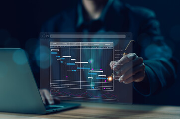 Fototapete - businessman schedule plan management shows a timeline Gantt chart in technology online. concept project planner in software, work update, and workflow, manage milestones, appointment staff of business