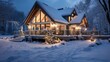 A modern luxury cottage exterior is covered with deep snow on a winter evening.