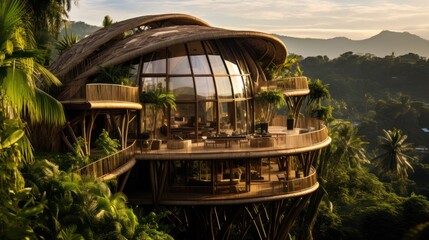 Two - storey eco house on top of the hill in tropical jungle built entirely from laminated bamboo with natural wave - like smooth forms with a high roof and a large windows all around