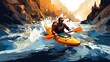 whitewater kayaking, down a white water rapid river in the mountains. Hand edited generative