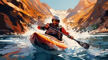 Whitewater Kayaking, Down A White Water Rapid River In The Mountains. Hand Edited Generative