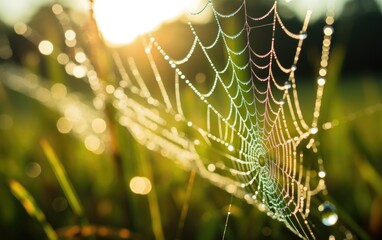 Wall Mural - cold dew condensing on a spider web with morning light rays in the background