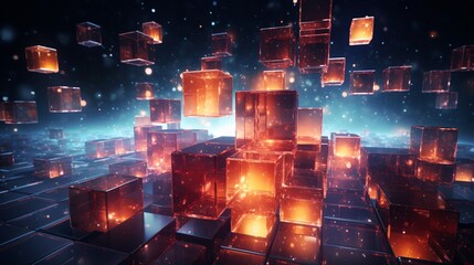 3d square cube block led colorful abstract background perspective shiny. Pixel high technology light glow network digital futuristic power reflect data internet. Box circuit computer communication.