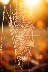 Wall Mural - cold dew condensing on a spider web with morning light rays in the background