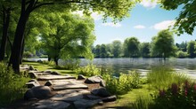Beautifully Colored Summer And Spring Natural Scenery With A Lake In A Park, Trees That Are Covered In Green Foliage, And A Stone Walkway In The Front.