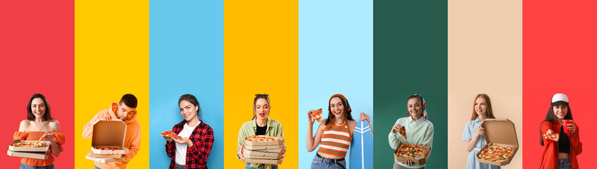 Sticker - Set of people with tasty pizzas on color background