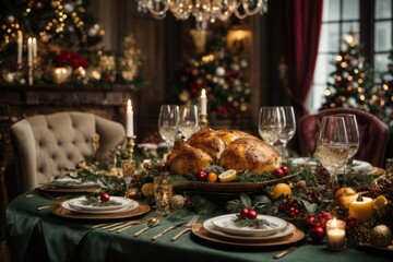  christmas dinner table setting Festive Gourmet Spread: Traditional Christmas Dinner in Hyper-Realistic Detail, AI Generated