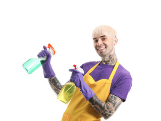 Sticker - Young tattooed man with spray bottles of detergent on white background