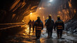 Worker under ground in a tunnel, Group of workers walking through a dark tunnel in a mining quarry.