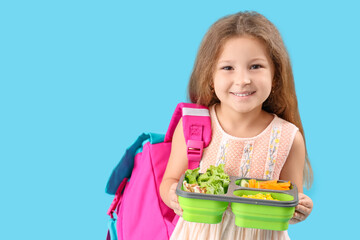 Sticker - Happy little girl with backpack and lunchbox on blue background