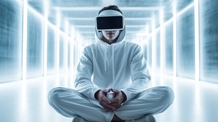 Aufkleber - Technology and cyberspace concept, Man wearing vr glasses sits alone in a white illuminated room.