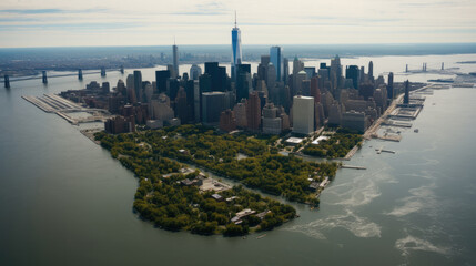 Wall Mural - Manhattan island under water from a huge flood, Effects from floods, Aerial view.